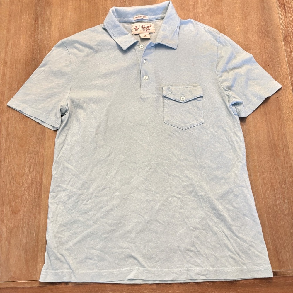Penguin Boys Light Blue Cotton Short Sleeve Polo Shirt, Size Large